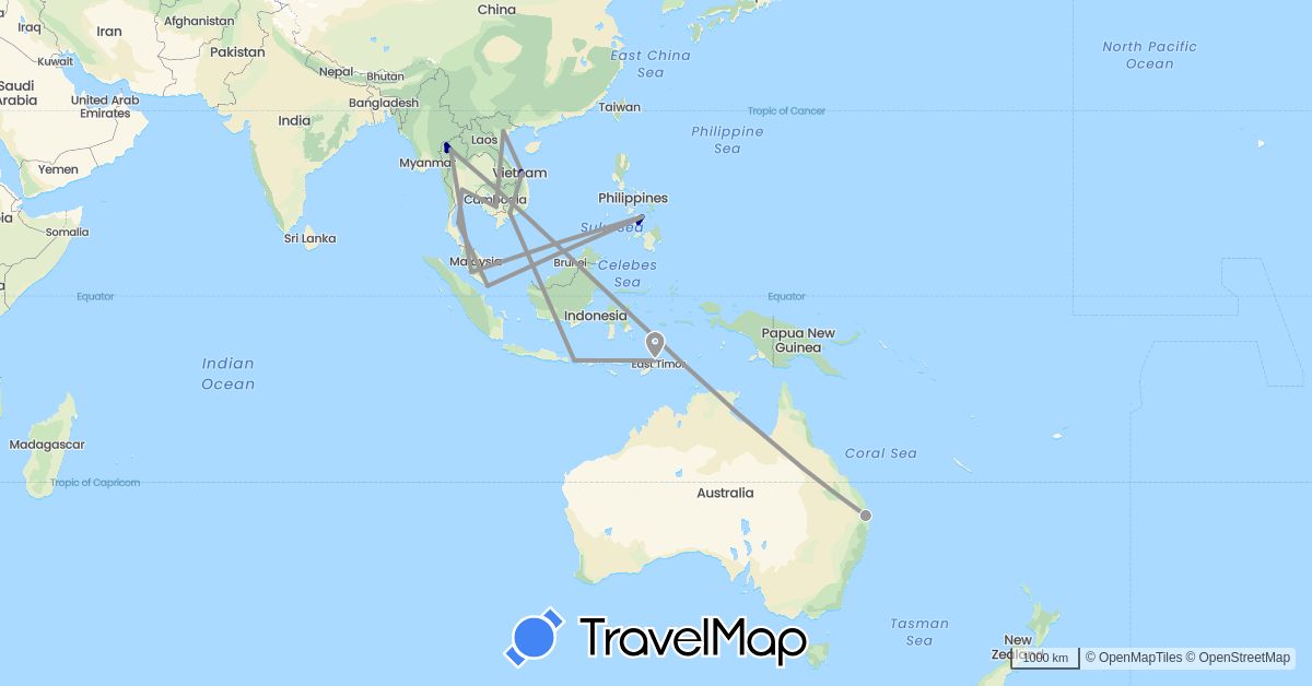 TravelMap itinerary: driving, plane in Australia, Indonesia, Cambodia, Malaysia, Philippines, Singapore, Thailand, East Timor, Vietnam (Asia, Oceania)